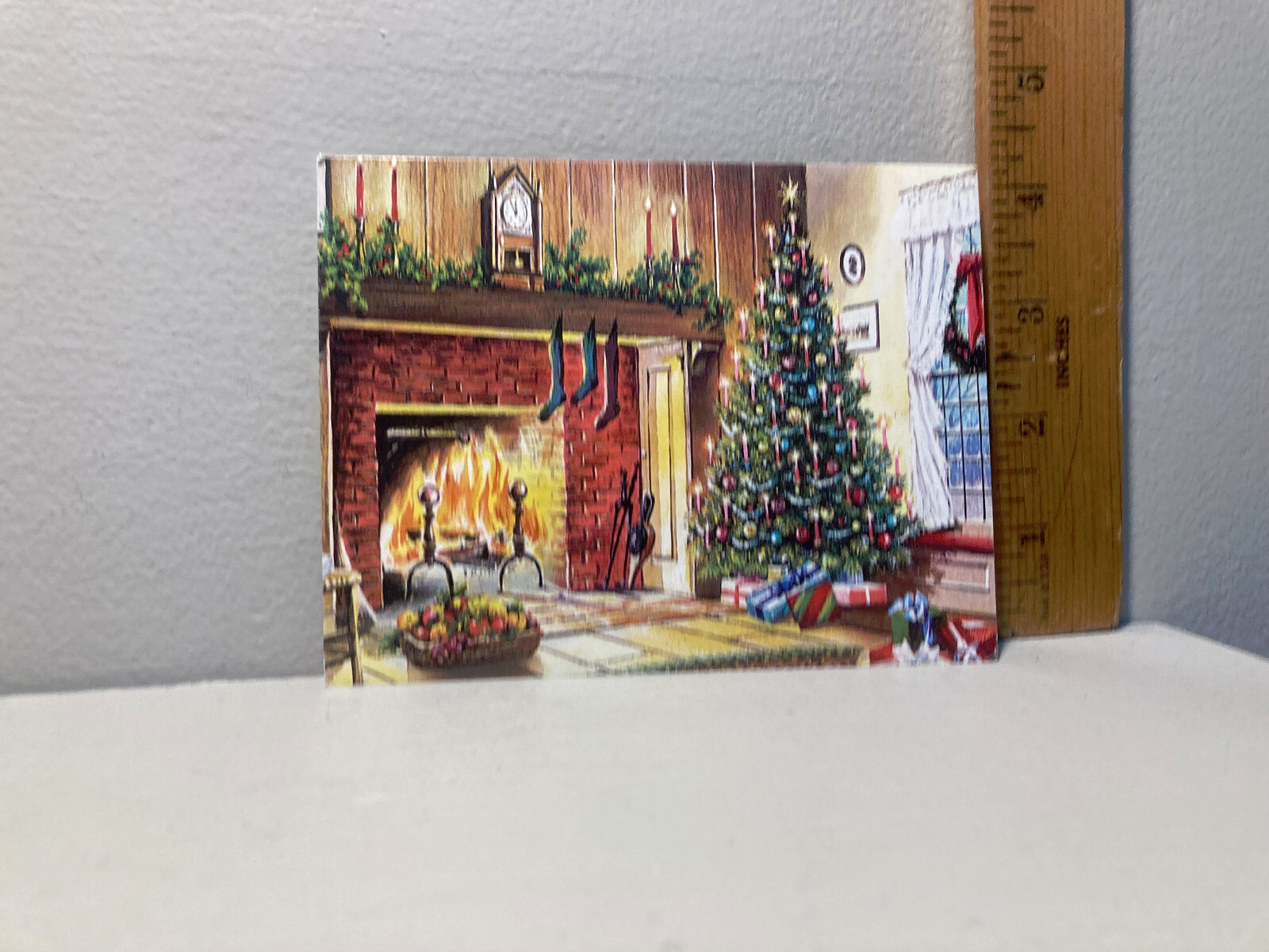 Vtg Christmas Card Cozy Fireplace Stockings Tree Gifts Mantel Clock Candles tr