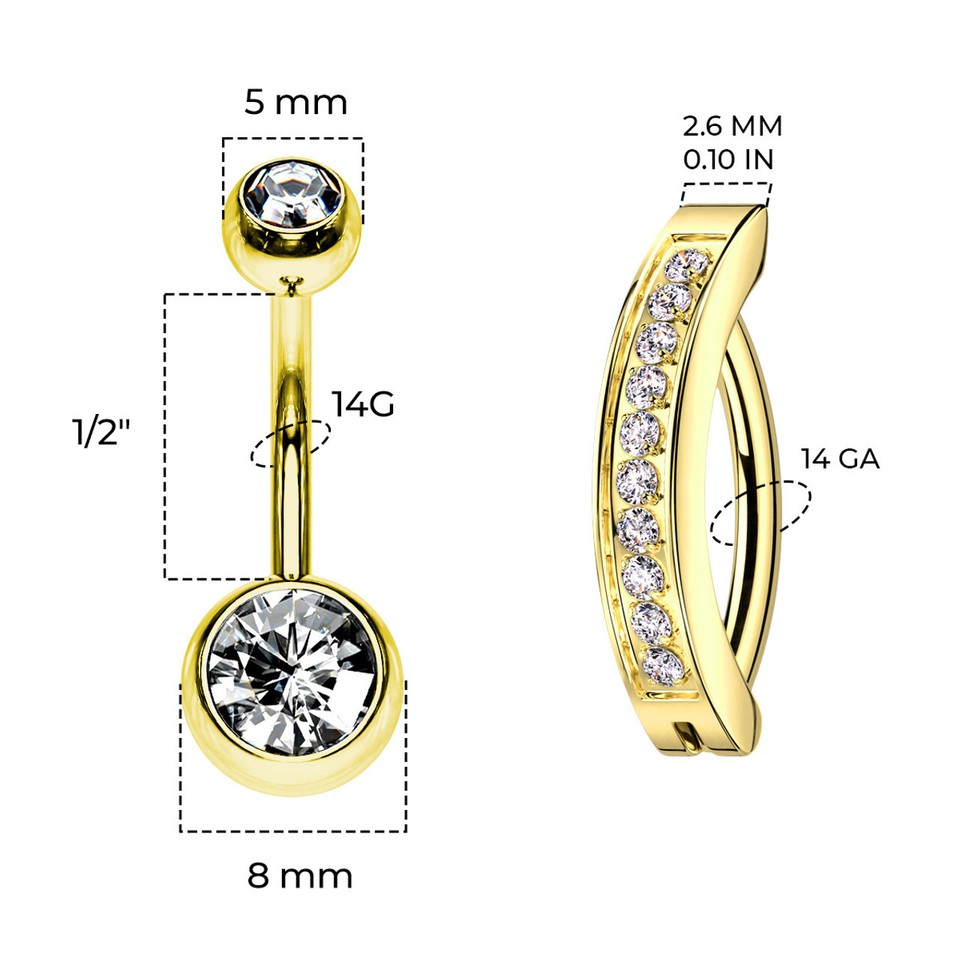 G23 Titanium 14G Double Row CZ Clicker Belly Button Ring Navel Piercing Jewelry