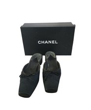 Vintage CHANEL 90s Denim LEATHER CC LOGO MULE HEELS Square Toe Sz 40 Box