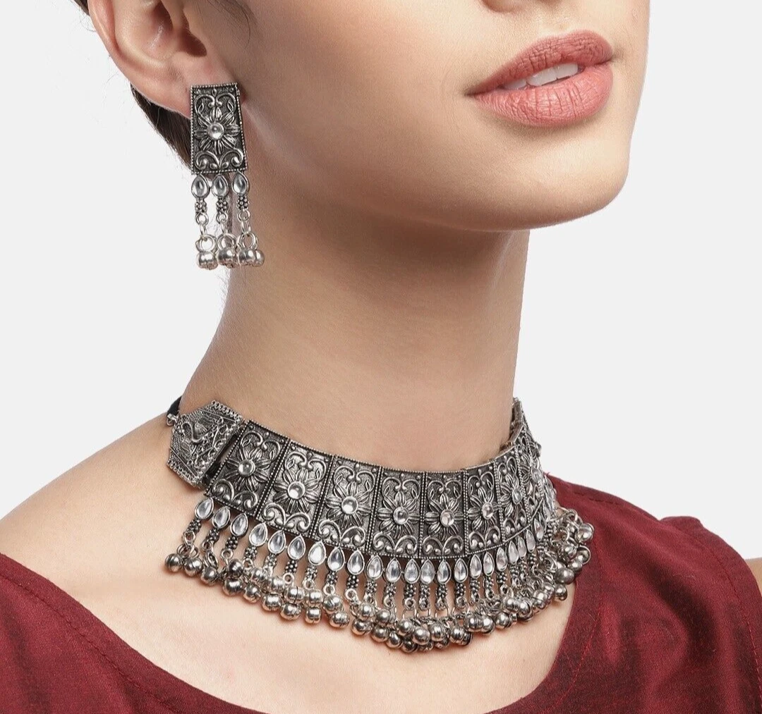 Indian Jewelry Silver Oxidized Choker Ethnic Necklace Earrings
