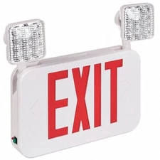 Exit Sign with Emergency Lights: White, 2 Faces, Red, LED, Wall/Ceiling, Nickel 