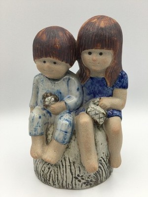 Vintage LISA LARSON Signed Siblings Syskon Stoneware Pottery Figurine Sweden