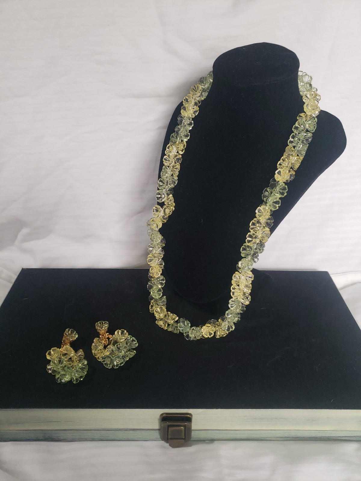 Vintage Lucite Necklace & Earrings Set Yellow Green Cluster Beaded Retro Clip On