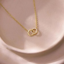 14k Solid Yellow Gold Natural Diamond Intertwined Circles Necklace for Women