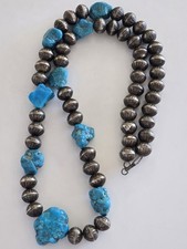 Vintage 1980's Santo Domingo or NAVAJO Turquoise & Sterling BEAD Necklace 33