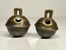 Antique Brass Sleigh Bells Pair With Ornate Design Rustic Finish Collectible Dec