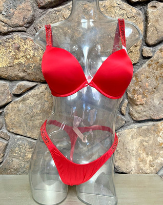 VICTORIA'S SECRET SHINE STRAP BOMBSHELL BRA & THONG SET 38C/L LIPSTICK RED NWT