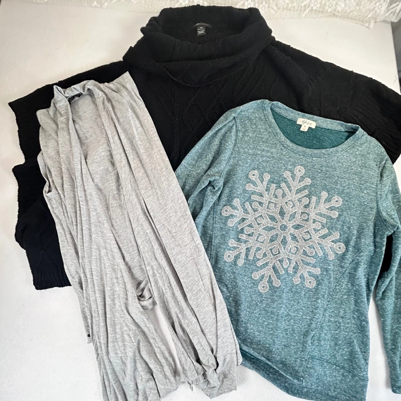 BUNDLE with FREE SHIPPING! Black Cable Knit Poncho, lightweight shirt, cardigan