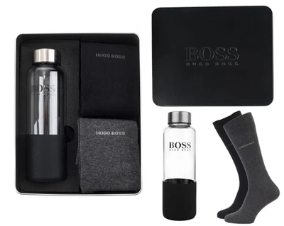 HUGO BOSS MENS GIFT SET 2 PAIR SOCKS & GLASS WATER BOTTLE REUSABLE PORTABLE SET