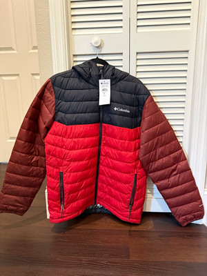 Columbia Men s Colorblock Puffer Jacket Full Zip Black/RedSize M Hooded