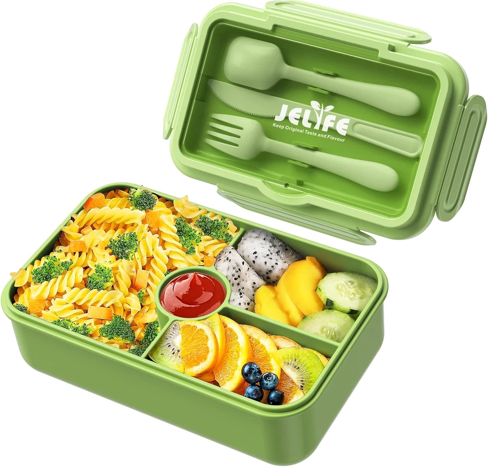 Leakproof Kids Bento Box with 4 Compartments & Tableware in Green