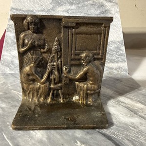 Vintage Cast Iron Copper Clad Bookend Weavers with Wheel and Loom #609