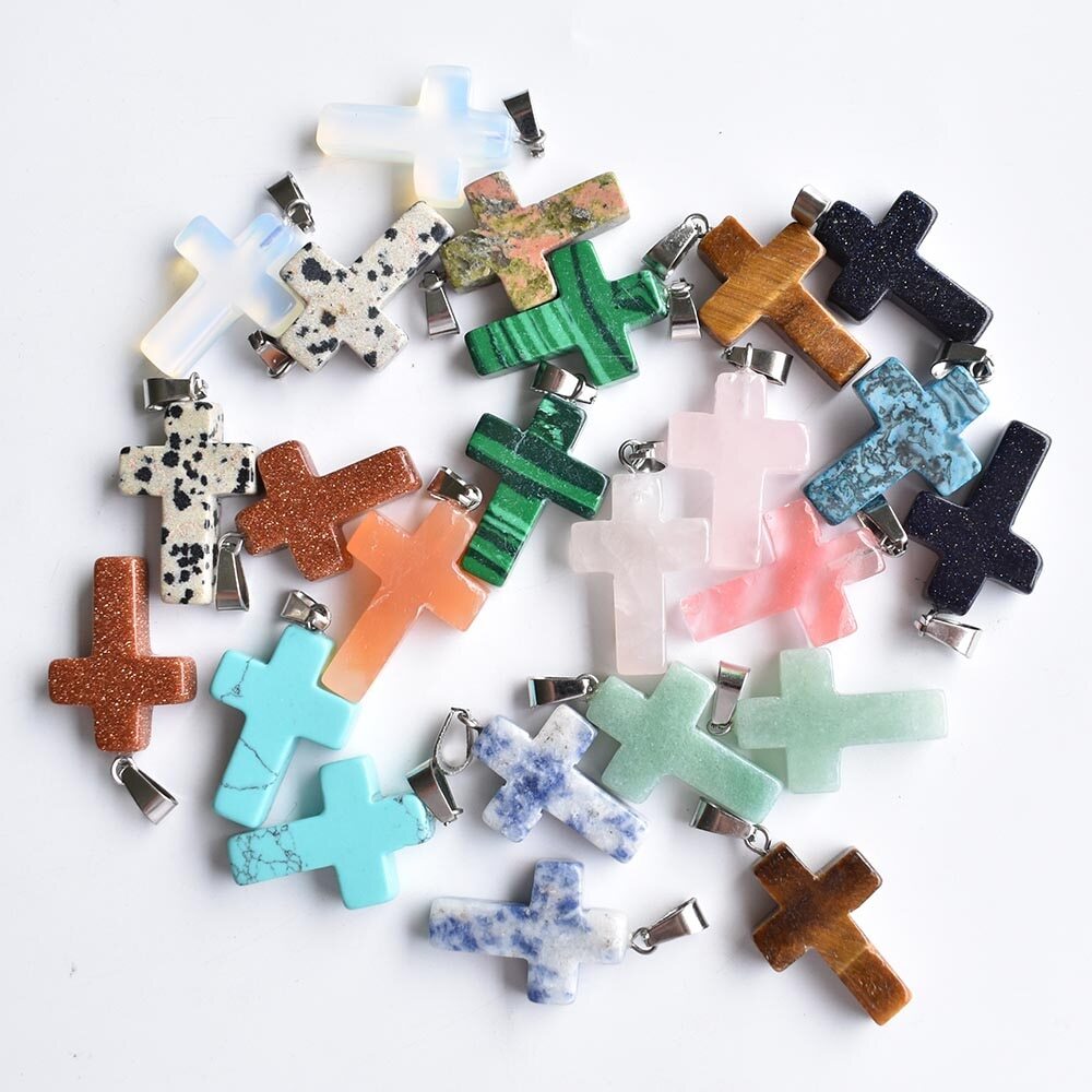Fashion Natural Stone MixedColor Assort Cross Pendants Charms Necklaces24pcs/lot
