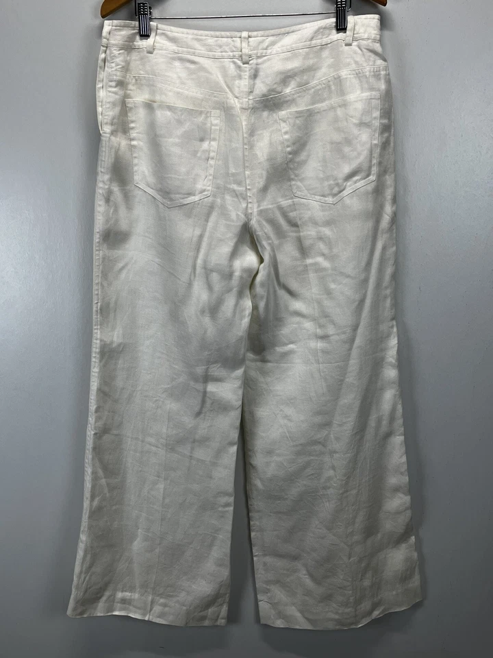 Women Lauren Ralph Lauren 100% Linen Wide Leg Pants 12 Gold Buttons White Lined - Image 3 of 4