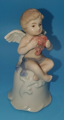Vintage Ceramic Boy Angel Bell Sitting Holding Heart Flower 4'' Preowned