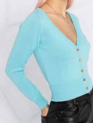 NWT VERSACE Cashmere Blue Cropped Cardigan 40 4 Gold Medusa Buttons Top V-Neck