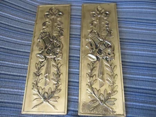 Vintage brass vertical wall hangings,embossed,  England. 21" x 7", Harp, trumpet