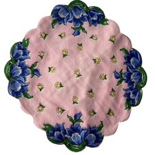 Vtg Round Handkerchief Pink With Purple Yellow Tulips Scalloped Hand-rolled Edge