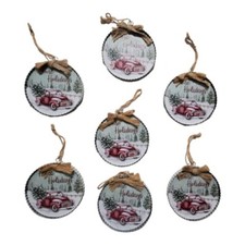 Red Farm Truck Christmas Ornaments Farmhouse Set of 6 Corrugated Metal 4" Round