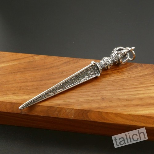 Solid 925 Sterling Silver Large Long Vajra Amulet Pendant with Ornate Scroll - Picture 5 of 10