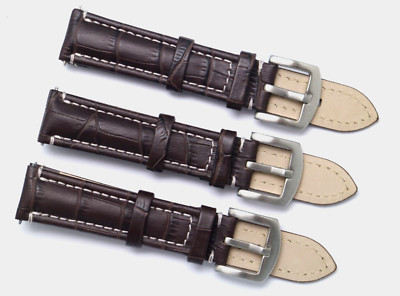3Pcs 20mm Brown Croco Embossed Leather Contrast Stitch Watch Band Silver Buckle