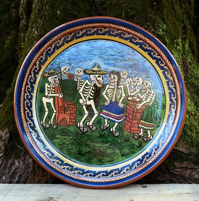 Day of the Dead Plate Dancing Skeletons Party After Posada Mexico Folk Art Large
