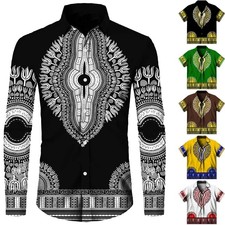 Men's Shirts African Print Folk-custom Streetwear Tops Turn-down Collar Shirt