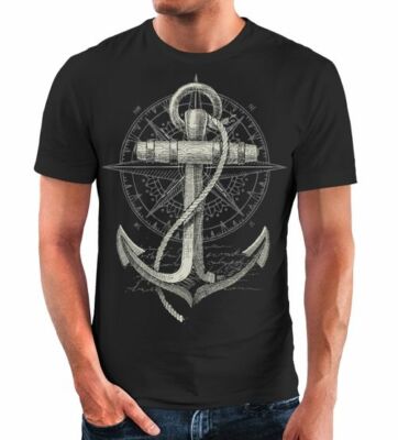 Neverless  Herren T-Shirt Print Aufdruck Anker Kompass Motiv Maritim Meer