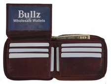 Genuine Leather Zipper Zip-Around ID Card Window Secure Mens Wallet Burgundy