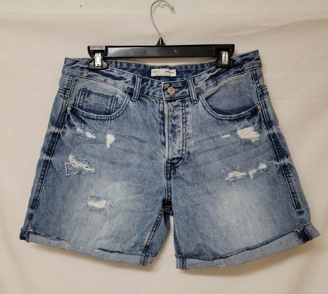 Stradivarius Denim Jeans Shorts Boy Fit Distressed Sz.8 Acid Wash