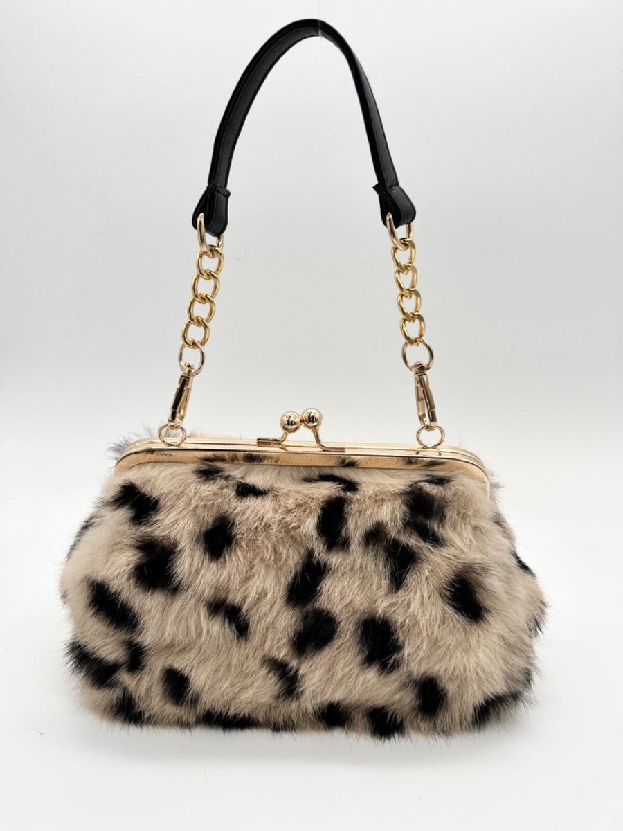 New 100% Handmade Rabbit Fur Top Handle Handbag Kiss Lock Novelty