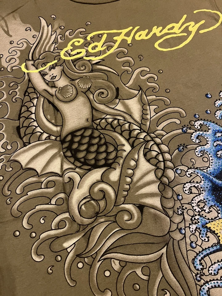 NUEVA Camiseta Ed Hardy Joya Metálica Sirena XL Colorida Diseñador Arte Tatuaje Foto 4 de 4