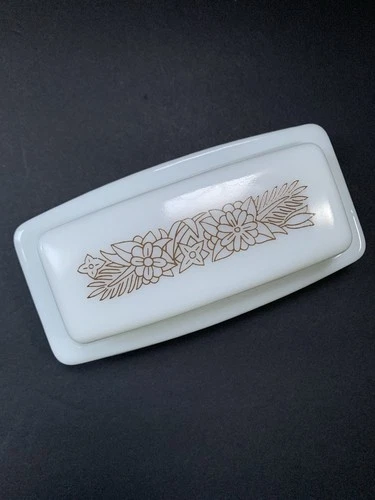 Vintage Pyrex Woodland Butter Dish With Lid Brown Pattern Milk Glass Made In USA