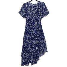 ASTR the Label Navy Blue Floral Asymmetric Ruffle Dress S Metallic Lurex Accent
