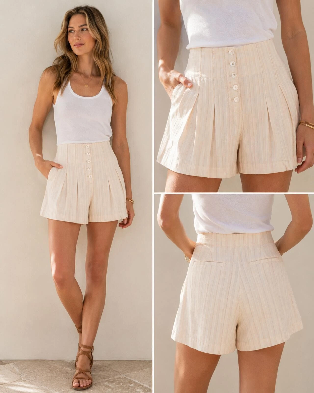 NWT Rebecca Taylor Linen Blend Stripe Pleated Button Shorts size 4. 28.