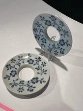 Set Of 2 White Porcelain blue flowers Glass Vintage bobeches candle Drip Catcher