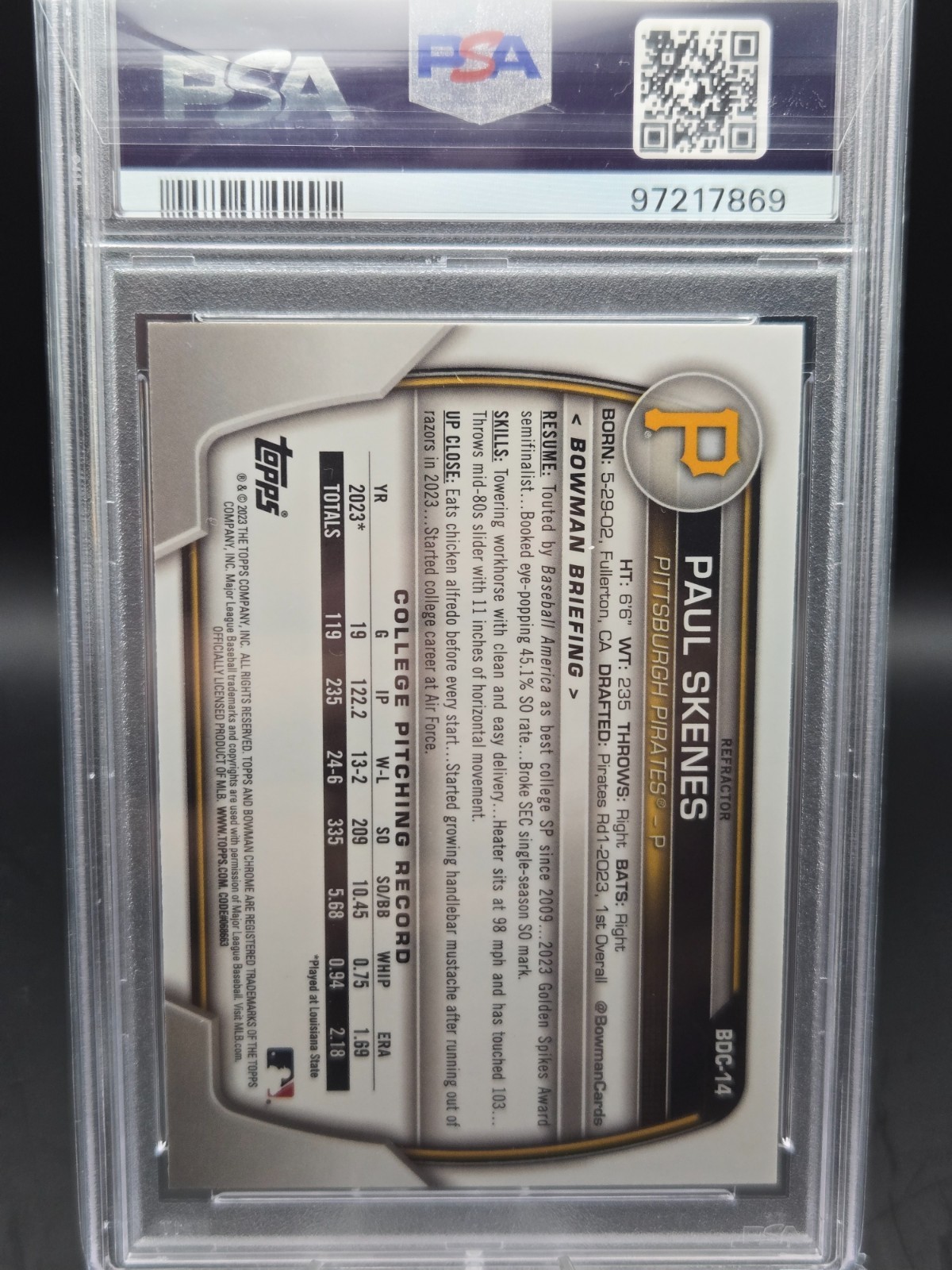 2023 BOWMAN DRAFT CHROME-REFRACTOR #BDC14 PAUL SKENES PSA 9 view 3