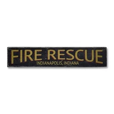 Fire Rescue, Custom Firehouse Location - Rustic Distressed Wood Sign