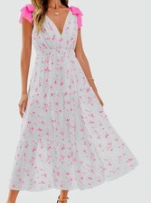 Wenrine Women White Pink Floral Tiered Bow Tie Shoulder Straps Dress Size L