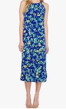 Ellen Tracy Blue Floral Midi Dress Sleeveless Halter Career Spring Summer Small