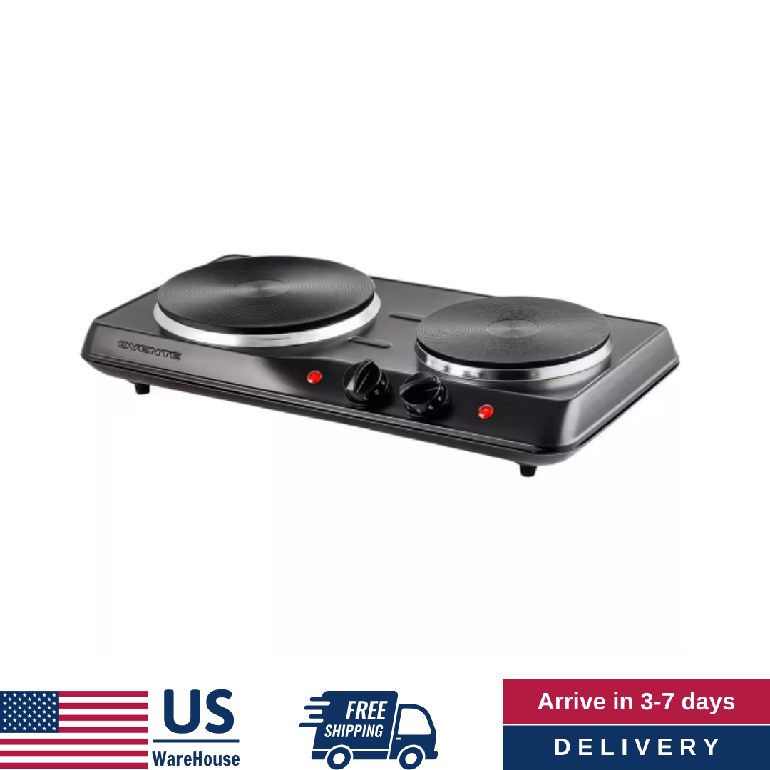 Double Burner Electric Stove with Cast Iron Hot Plates - Black OVENTE Kitchen Cooktop