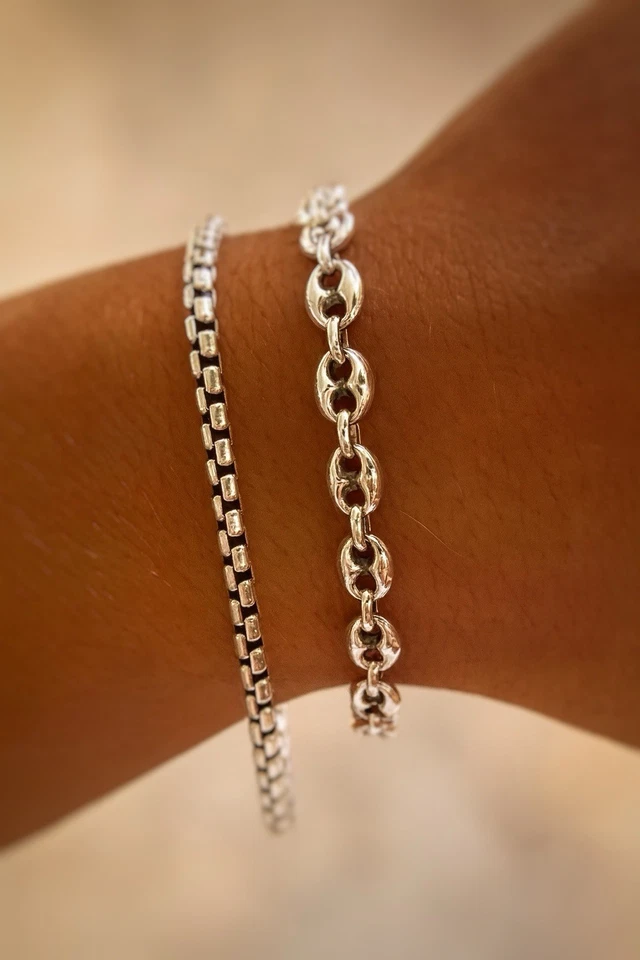 925 Sterling Silver Italian Puffed Mariner Bracelet 7” 7.5” 8” Oxidized Polished - Image 2 of 4