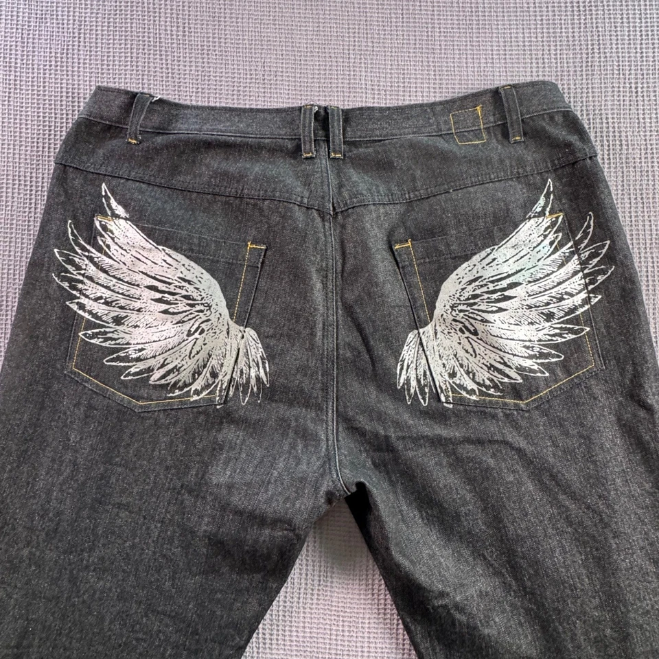 Kani Gold Y2K Baggy Denim Jeans Mens 42x32 Black Winged Pockets Wide Leg Street - Image 2 of 4