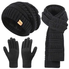 Unisex Winter Cozy Black 3pc Set Long Scarf Touchscreen Gloves Beanie Hat Cap