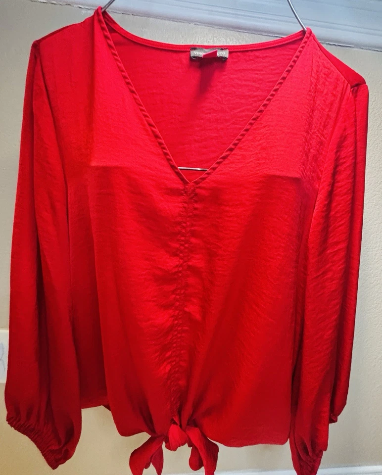 Vince Camuto Long Sleeve V-Neck Red Blouse With Tie Front And Smocked Cuffs Sz M - Image 3 of 4
