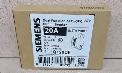 New Circuit Breaker Siemens Q120DF 20 Amp 1 Pole 120V Dual GFCI/AFCI