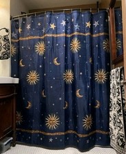 1990s Vintage Celestial Shower Curtain Sun Moon Stars Astrology Whimsy Goth