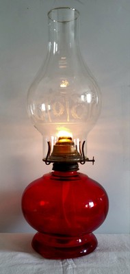 Jeanette Glass Ruby Red Flash Oil Lamp P&F Eagle Torch & Laurel Wreath Chimney