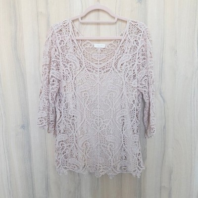 Womens Crochet Top Size XL Pink Lined 3/4 Sleeve Boho Cottage Romantic Pastel
