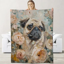 Pug Blanket for Kids Girls Pug Lovers, Flannel Pug Blankets Gifts, Floral Flo...